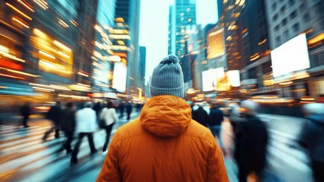 A solitary individual journeys through a bustling cityscape, surrounded by towering skyscrapers and the luminous glow of city lights, captured with a unique artistic perspective.