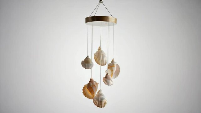 Decorative seashell mobile hanging on a white wall creating a nautical, coastal, seaside, and relaxing, interior design concept in a home.