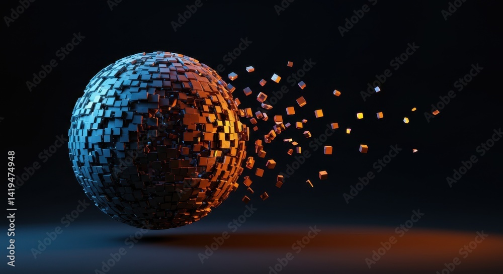 Poster abstract 3d rendering of a disintegrating sphere composed of cubes, exploding into smaller fragments