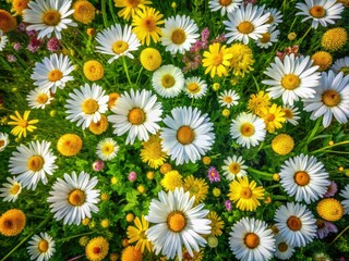 Fototapeta premium Overhead view: A vibrant spring meadow carpet of daisies and yellow blooms on a textured green grass background.