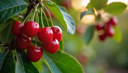 Obraz premium Red cherries hanging on green leaves 