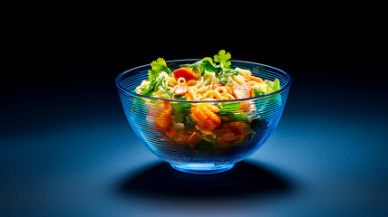 vibrant bowl of noodles with vegetables and herbs, showcasing colorful and appetizing dish