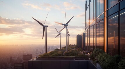 Wind power generator turbines on an urban building roof