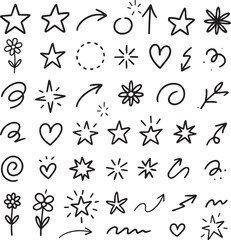 Cute line sketch star, arrow, heart decoration element icon set. Hand drawn sketch doodle cute star, emphasis, flower element. Pen line text decoration shape icon. Hand drawn vector illustration