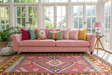 Panoramic shot of a stylish living room featuring a pink sofa, colorful rug, and inviting pillows.