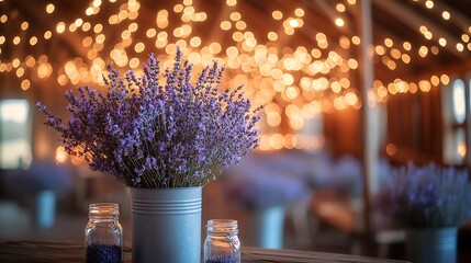 A country-style barn wedding scene with string lights across the ceiling, rustic wood furniture, mason jar centerpieces with lavender and baby's breath, and a sunset glow filling the room.