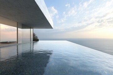Infinity pool overlooking the ocean at sunset with modern architecture and serene atmosphere