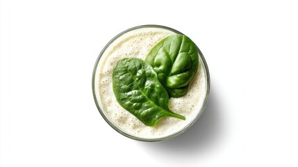 Fototapeta premium A green smoothie in a clear glass with spinach leaves on top. The smoothie is a light green color, and the leaves are fresh and vibrant. It's a close up photo of the smoothie.
