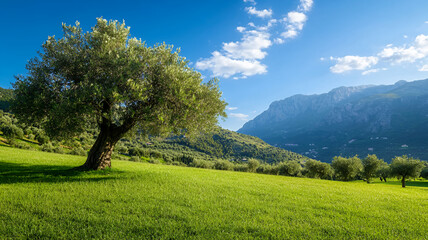 Obraz premium serene landscape featuring solitary olive tree on lush green field, with majestic mountains in background and clear blue sky