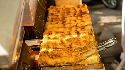 Close-up of melted dim sum cheese street food, golden brown and freshly grilled, served hot with...
