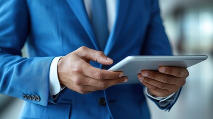 A businessman in a blue suit engrossed in a digital tablet, signifying modern technology and business productivity