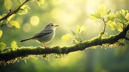 Obraz premium A small bird perches on a moss-covered branch in the sunlight amongst vibrant green sp leaves.
