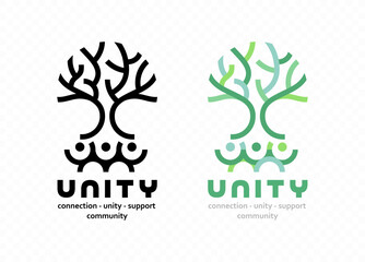Abstract tree with roots formed by linked human figures, symbolizing unity, community, and nature vector logo design