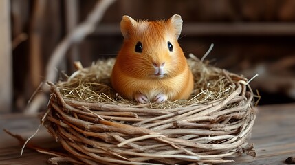 Adorable Guinea Pig Sitting Comfortably Inside Cozy Nest Made of Twigs