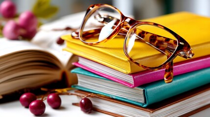 Reading and learning session with books and glasses cozy study room still life indoor close-up knowledge enhancement