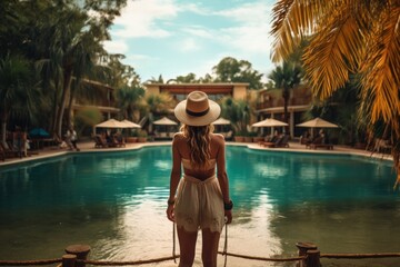 Young beautiful woman in a long dress and hat standing near the swimming pool. Vacation concept. Travel concept, Summertime concept with copy space.