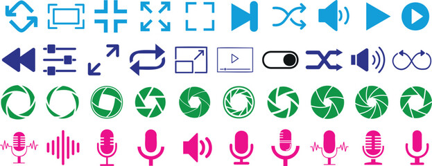 Vibrant media control icon set for audio and video interfaces. Includes play, pause, stop, volume, microphone, and camera shutter icons