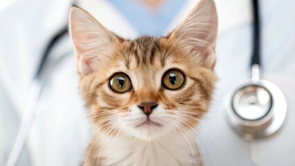 Obraz premium Cute cat in a veterinary setting with a stethoscope in the background.