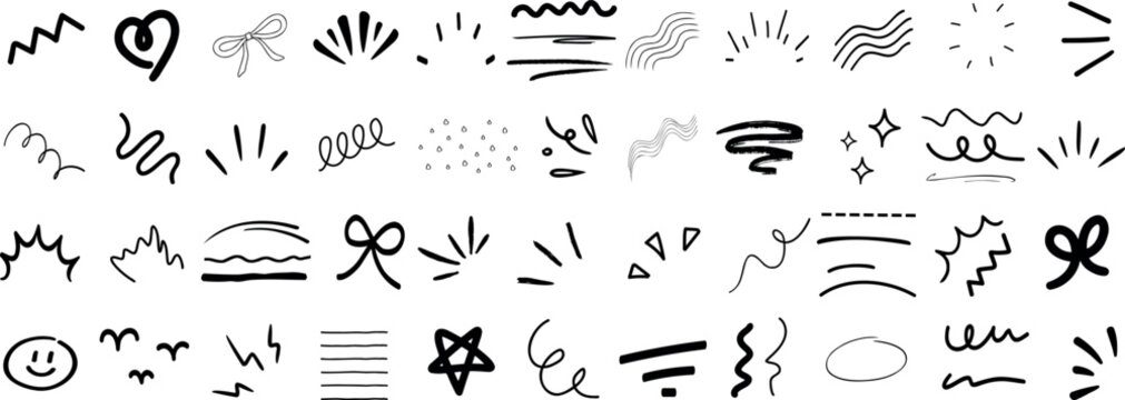 Hand drawn doodle elements, abstract symbols, and decorative line art perfect for design, highlight accents, or social media, include squiggles, arrows, stars, swirls, bows, and comic elements