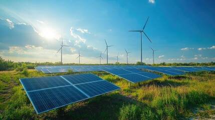 Wind turbines and modern solar panels in the countryside