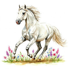 Naklejka premium Watercolor White Horse Galloping in Wildflower Meadow for Equestrian Art