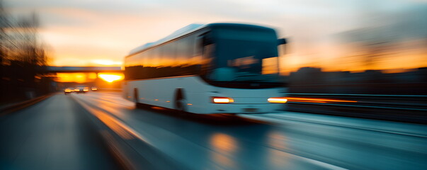 Motion blur abstract of white bus moving fast on highway at sunset or sunrise time. Dynamic long exposure of blurry transport vehicle with lights on road.