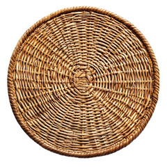 Fototapeta premium A round, brown wicker basket, woven with natural straw, shows a textured pattern isolated on transparent background