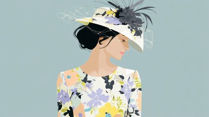 A woman elegantly adorned in a floral dress and a stylish hat, exuding grace and poise. Her poised demeanor suggests sophistication and beauty