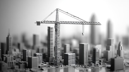 Monochrome Metropolis: A Construction Crane's Shadow Over a Miniature Cityscape