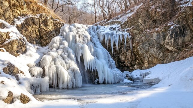 Frozen waterfall cascading down snowy mountainside