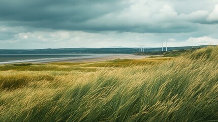 Obraz premium Wind turbines at sea with grassland in the foreground