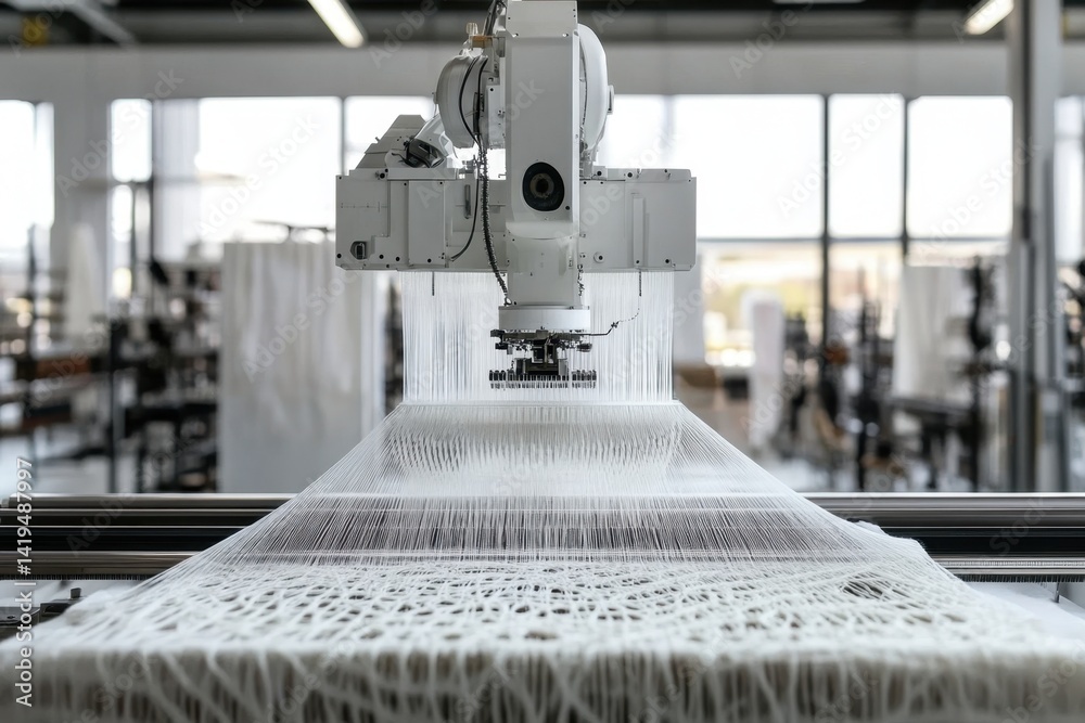 Poster high-tech textile machine weaving intricate patterns in a modern factory setting
