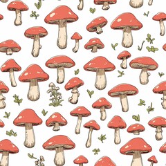 Mushroom food pattern vintage retro design wallpaper on plain white clean background simple minimalist concept seamless tiling tile