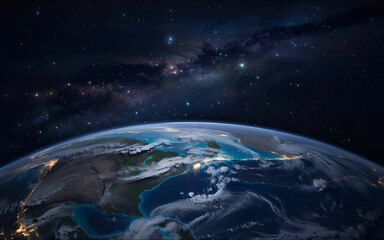 Earth View From Space with Starry Galaxy Sky, Planet Orbit, Showing Continents, Oceans and Atmospheric Glow