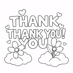 Thank You Coloring Page with Hearts and Flowers