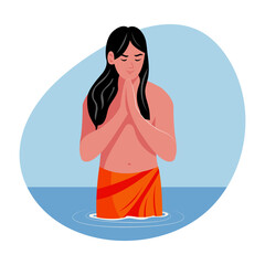 A character taking holy bath in river, flat illustration