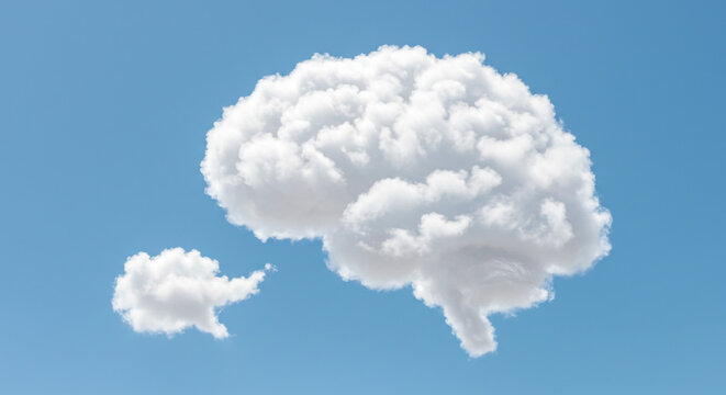 A cloud shaped like a brain with a smaller cloud next to it against a clear blue sky background view