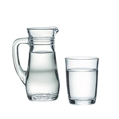 A transparent glass jug of clean water with a handle and its empty counterpart are isolated on transparent background