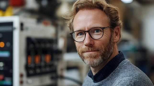 A confident middle-aged man with glasses and a beard looks directly at the camera in a factory setting.
