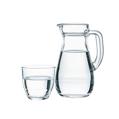 A transparent glass jug of clean water with a handle and its empty counterpart are isolated on transparent background