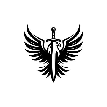 Vector logo design of eagle and dagger sword combination in flying pose, symbol of courage and strength  