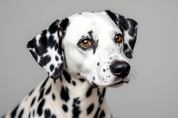 Dalmatian dog with distinct black spots showcasing elegant pose against gray background
