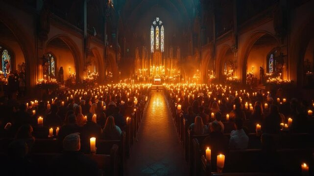  A breathtaking view of a church filled with people holding candles, creating a warm and serene atmosphere. The glow of the candles illuminates the majestic architecture.