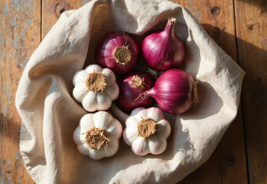 Garlic and Onions on Wood