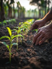 Hands Planting Flower Seedlings in Morning Light – Minimalist Floral Farm Close-Up