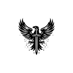Obraz premium Eagle with sword in claws vector emblem, symbolizing bravery and strength in flight 