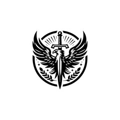 Vector logo design of eagle holding sword with wings spread wide, symbol of power and protection 