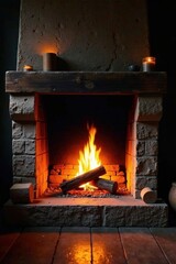 Obraz premium Rustic fireplace, glowing embers, crackling wood, embers, comfortable, interior