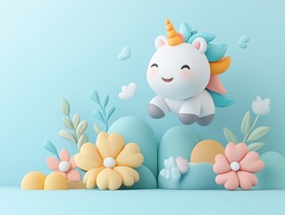 Fototapeta premium Cute unicorn in floral garden