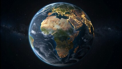 Obraz premium Realistic view of planet Earth from space, showing Africa and Europe with city lights at night. Represents our world and geography